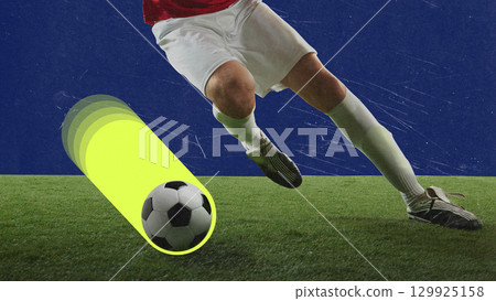 Colorful collage. Soccer player kicking ball with neon glowing trail on grass field 129925158