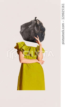 Bright collage of woman with garbage bag head wearing green dress 129925161