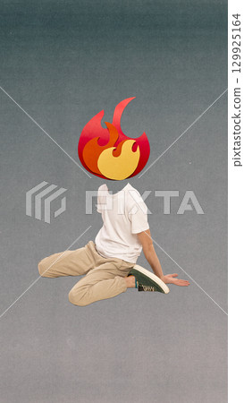 Digital artwork of man with flame head sitting on floor in casual pose Digital artwork of man with flame head sitting on floor in casual pose 129925164