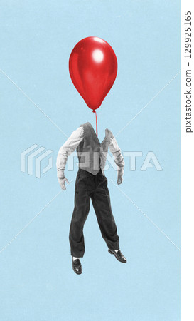 Colorful collage of businessman with red balloon head symbol freedom Colorful collage of businessman with red balloon head symbol freedom 129925165