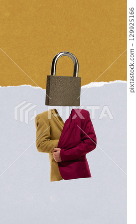 Bold collage of man in sweater with padlock head symbol secrecy 129925166