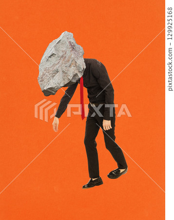 Bold colorful poster of man with rock head dragging his feet. Bold colorful poster of man with rock head dragging his feet. 129925168