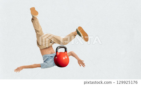 Graphic composition. Man falling with kettlebell instead of head symbol of heavy stress 129925176