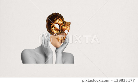 Contemporary collage. Woman with golden mask covering face symbol of hidden identity 129925177