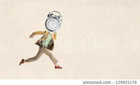 Digital artwork. Running man with alarm clock instead of head symbol of hurry 129925178