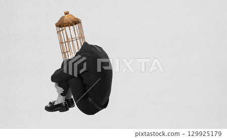 Creative collage. Person curled with birdcage instead of head expressing loneliness Creative collage. Person curled with birdcage instead of head expressing loneliness 129925179