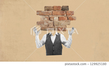 Surreal collage. Man with brick wall instead of head raising hands in confusion Surreal collage. Man with brick wall instead of head raising hands in confusion 129925180