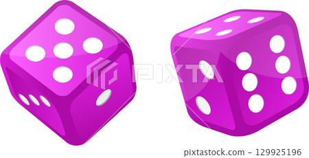 Two purple dice with white spots for a lucky roll, game night, or a chance at winning big. 129925196