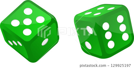 Two shiny green dice with white spots, one showing a five and the other showing a six. 129925197