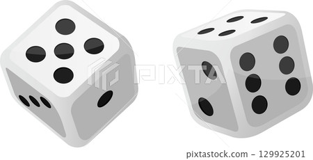 Two angled dice with black spots sit poised for a game, awaiting the roll of chance. Two angled dice with black spots sit poised for a game, awaiting the roll of chance. 129925201