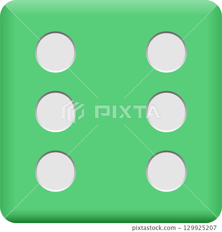 Close-up of a green die with six white dots, indicating the highest possible roll in a game. Close-up of a green die with six white dots, indicating the highest possible roll in a game. 129925207