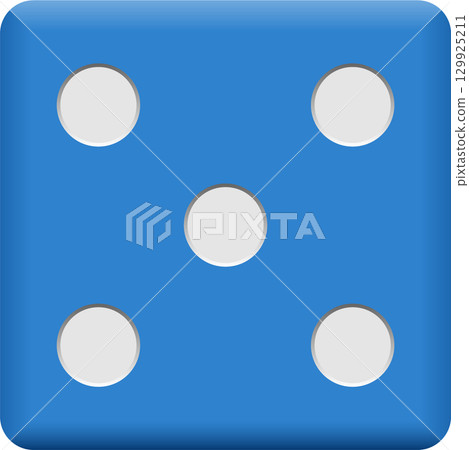 A blue die face shows a value of five with white inset pips, indicating possible game play. 129925211