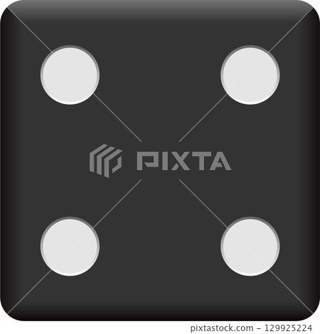 A black die shows the number four with four white pips arranged in a square formation. A black die shows the number four with four white pips arranged in a square formation. 129925224