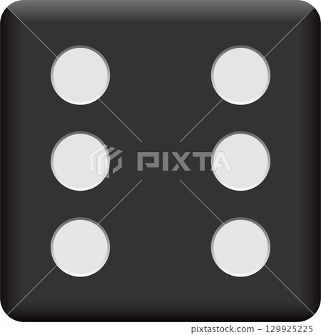 A close-up view of a black die, showing the number six with its white, circular dots. 129925225