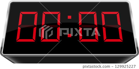 Digital display showing zero. Electronic timer or clock in a black case. Red numbers. 129925227
