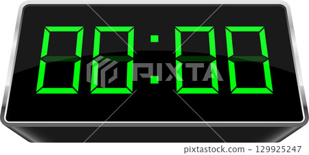 Digital display featuring bright green numbers against a dark background showing the time. 129925247