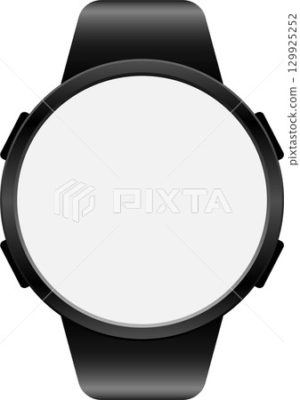 Sleek smartwatch with a blank white screen, modern design, and black band on a plain background. Sleek smartwatch with a blank white screen, modern design, and black band on a plain background. 129925252