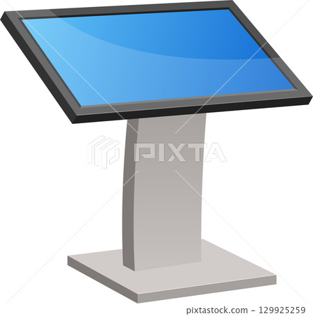 An illustration shows an upright digital kiosk featuring a blue touchscreen with gray frame and base. 129925259