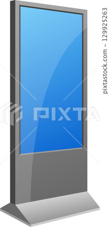 An empty freestanding information kiosk or advertising display with a blue screen stands alone. 129925263