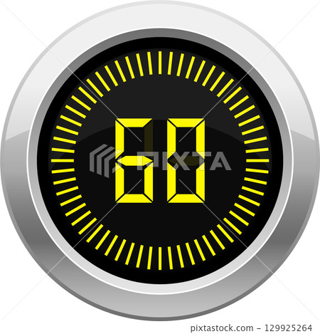 A digital timer with a shiny chrome border counts up to 60 seconds in yellow and is set to zero. A digital timer with a shiny chrome border counts up to 60 seconds in yellow and is set to zero. 129925264