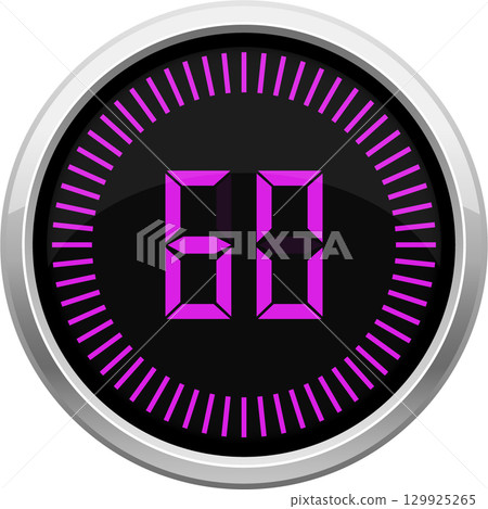 Digital display shows the number sixty, surrounded by a circular timer with ticks marking seconds. Digital display shows the number sixty, surrounded by a circular timer with ticks marking seconds. 129925265