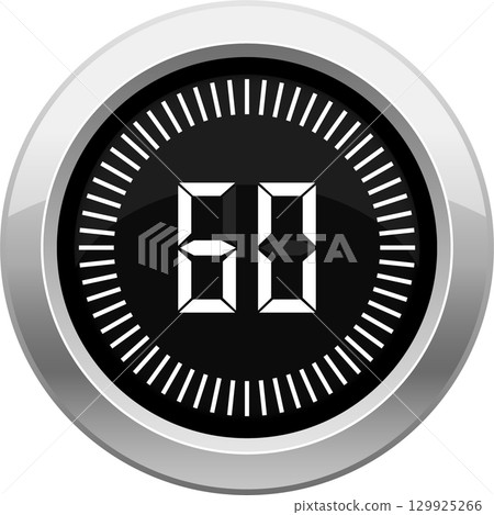 Digital timer displaying 60 seconds with a circular frame and tick marks around the edge. Digital timer displaying 60 seconds with a circular frame and tick marks around the edge. 129925266