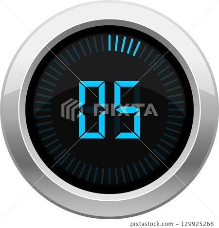 Digital timer with a sleek metal bezel displays the number 85 in bright blue against a dark screen. 129925268