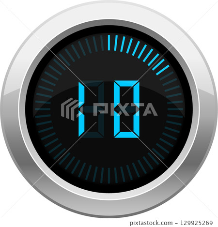 A digital timer or clock display shows two vertical boxes set inside of a round metal frame. 129925269