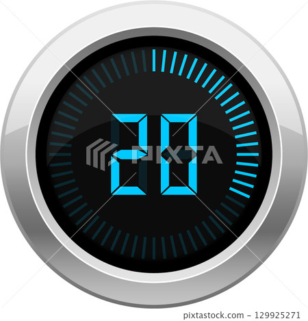 Digital timer displaying the number twenty with a metallic border against a black background. Digital timer displaying the number twenty with a metallic border against a black background. 129925271