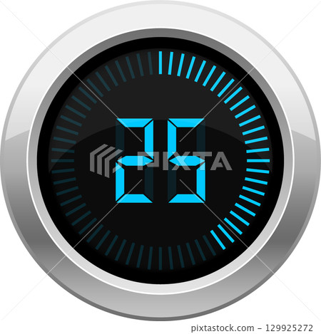 Electronic timer with digital display showing "25", surrounded by a silver frame and blue markings. Electronic timer with digital display showing "25", surrounded by a silver frame and blue markings. 129925272
