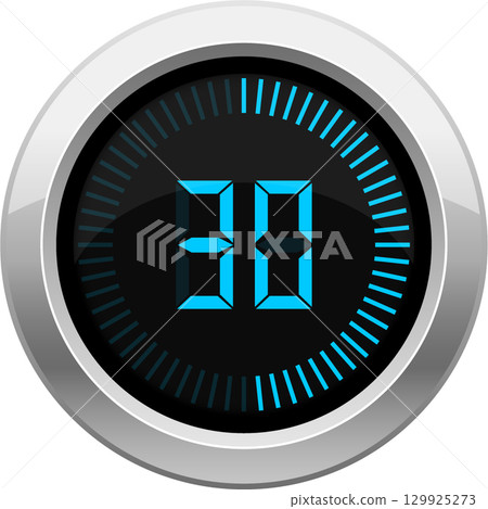 Digital timer displays the number thirty in bright blue, set against a sleek black background. Digital timer displays the number thirty in bright blue, set against a sleek black background. 129925273