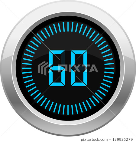 Digital timer displaying the number 60 in blue, set in a silver frame, against a black background. 129925279