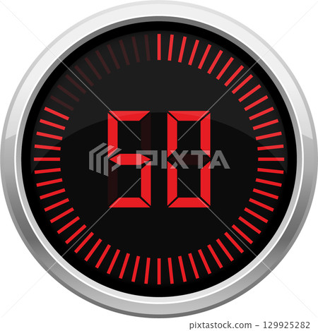 Illustration of a digital timer with red digits showing "60" against a black background. 129925282