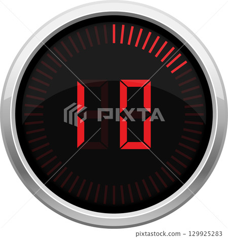 Digital counter with a silver frame displaying red digits on a black background. 129925283