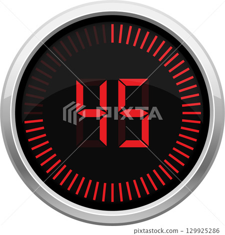 A digital timer with forty-five displayed. Red digital digits on a black background. Round timer. 129925286