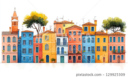 A charming watercolor illustration depicts the colorful buildings and canals of Venice, complete with gondolas and iconic architecture, against a white background. 129925309
