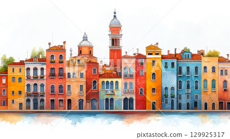 A charming watercolor illustration depicts the colorful buildings and canals of Venice, complete with gondolas and iconic architecture, against a white background. A charming watercolor illustration depicts the colorful buildings and canals of Venice, complete with gondolas and iconic architecture, against a white background. 129925317