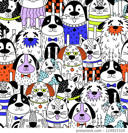 Seamless vector pattern featuring cute dogs in funny sweaters and accessories. 129925320