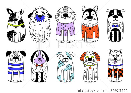 Vector illustration of ten cute dogs wearing funny sweaters and accessories. 129925321