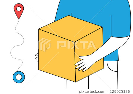 Courier hands holding a large box with location icons in the background. 129925326