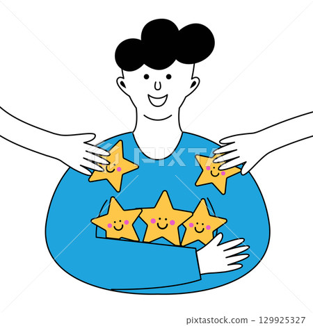 Smiling young man holding three golden stars while two extra stars are handed to him by other hands. Smiling young man holding three golden stars while two extra stars are handed to him by other hands. 129925327