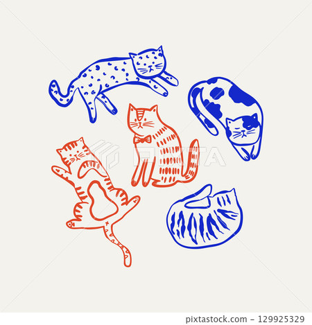 Hand-drawn cat clipart set featuring cute and quirky kittens in a trendy doodle style. Hand-drawn cat clipart set featuring cute and quirky kittens in a trendy doodle style. 129925329