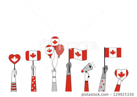 Set of festive illustrations featuring hands holding Canadian flags, balloons, and banners with Canadian symbols. 129925330