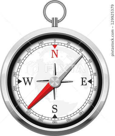 Navigational tool pointing direction, compass with cardinal directions and degree indications 129925379