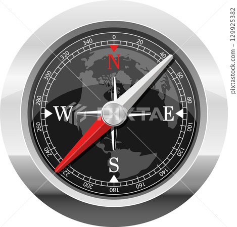 A navigational compass pointing north, essential for direction and orientation on journeys. 129925382