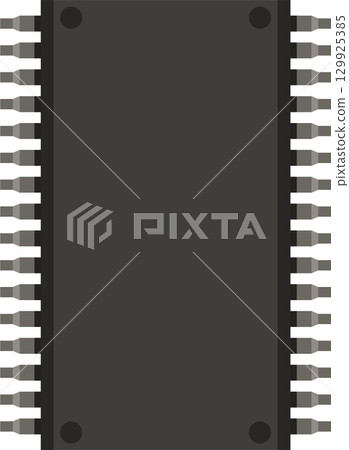 Integrated circuit: Close-up of a black rectangular microchip with metal pins on each side. 129925385