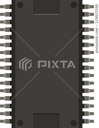 Isolated overhead shot of a microcontroller with pins displayed against black backdrop. 129925386