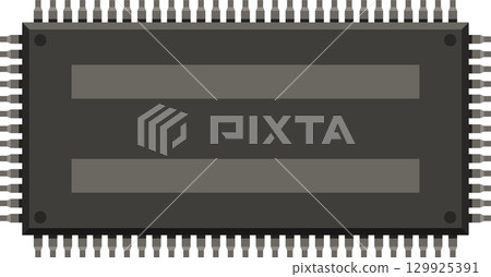 A gray computer chip with multiple connectors along the sides, set against a black backdrop. A gray computer chip with multiple connectors along the sides, set against a black backdrop. 129925391