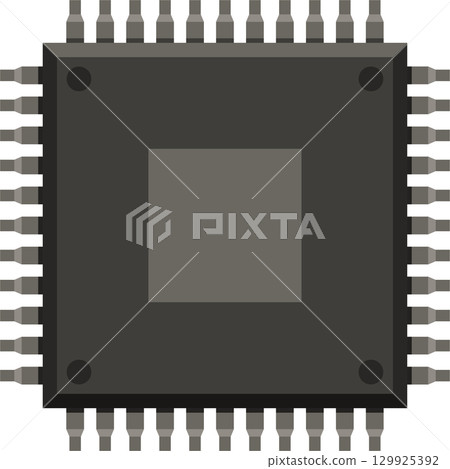A top-down view of a dark grey computer chip with multiple metallic pins around the edges. A top-down view of a dark grey computer chip with multiple metallic pins around the edges. 129925392