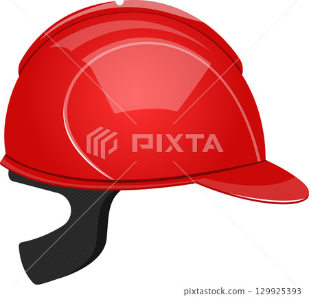 A glossy, bright red hard hat with a black band and attached adjustable strap for protection. A glossy, bright red hard hat with a black band and attached adjustable strap for protection. 129925393